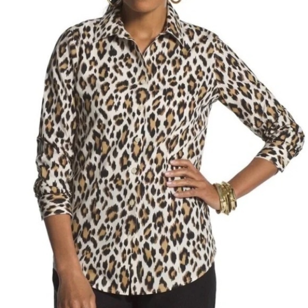 Chico’s No-Iron Leopard Print Button Down Shirt Brown Black Size 2 / Large